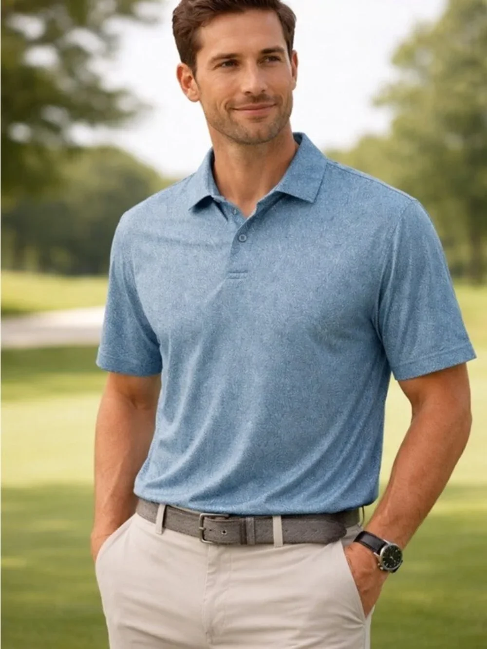 PGA Tour Blue Leaf Print Golf Polo Shirt Men’s Medium Casual Athleisure - Picture 1 of 9